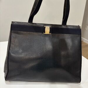 Vintage Ferragamo Navy Lizard Embossed Leather Tote Gold Gancini Shoulder Bag